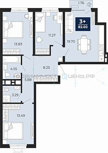 3 комн., 82.02м2, 18/19, Тюмень