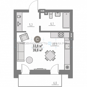 1 комн., 33.8м2, 2/4, Кипрея, Тюмень