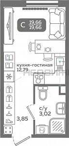 1 комн., 19.66м2, 11/21, Меридиан Слобода, Тюмень