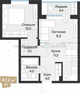 1 комн., 45.03м2, 4/4, Эклипт, Тюмень