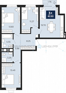 3 комн., 82.02м2, 3/19, Тюмень