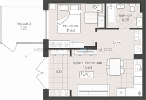 1 комн., 42.55м2, 1/4, Тюмень