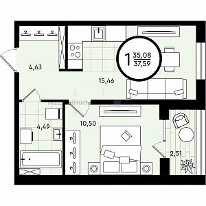 1 комн., 37.59м2, 1/4, Зеленые Аллеи, Тюмень