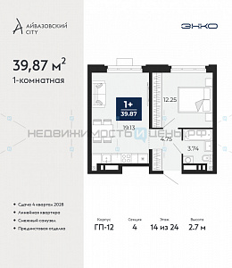 1 комн., 39.87м2, 14/24, Айвазовский City, Тюмень