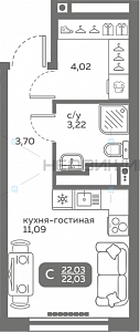 1 комн., 22.03м2, 10/20, Меридиан Слобода, Тюмень