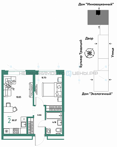 2 комн., 38.37м2, 6/15, Домашний, Тюмень