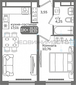 1 комн., 35.57м2, 10/21, Меридиан Слобода, Тюмень