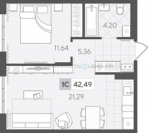 1 комн., 42.49м2, 4/4, Скандиа. Квартал у озера, Тюмень