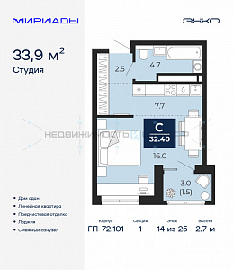 1 комн., 33.9м2, 14/25, Тюмень