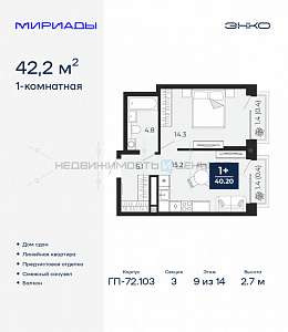 1 комн., 42.2м2, 9/14, Тюмень