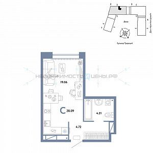 Студия, 28.09м2, 11/15, Домашний, Тюмень