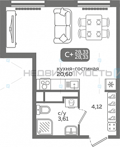 1 комн., 28.33м2, 6/21, Меридиан Слобода, Тюмень
