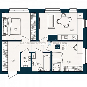 2 комн., 51.44м2, 25/25, Квартал Мятный, Тюмень