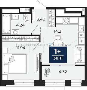 1 комн., 38.11м2, 2/16, Тюмень