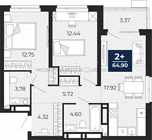 2 комн., 64.9м2, 12/21, Тюмень