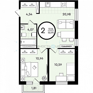 2 комн., 52.95м2, 2/4, Зеленые Аллеи, Тюмень