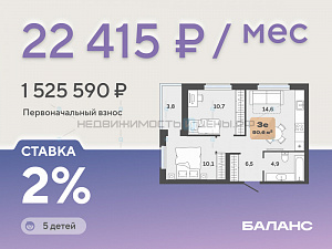 2 комн., 46.8м2, 22/23, Баланс, Тюмень
