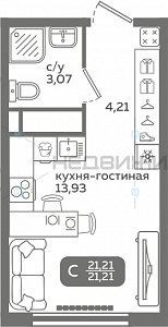 1 комн., 21.21м2, 18/21, Меридиан Слобода, Тюмень