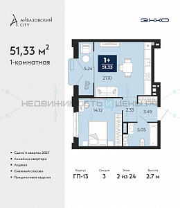 1 комн., 51.33м2, 2/24, Айвазовский City, Тюмень