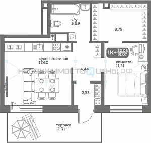 1 комн., 50.06м2, 1/20, Меридиан Слобода, Тюмень