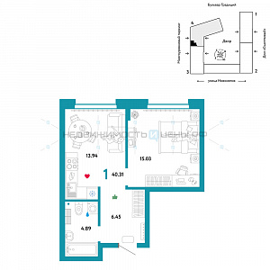 1 комн., 40.31м2, 2/16, Домашний, Тюмень