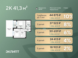 1 комн., 43.2м2, 1/4, Эклипт, Тюмень