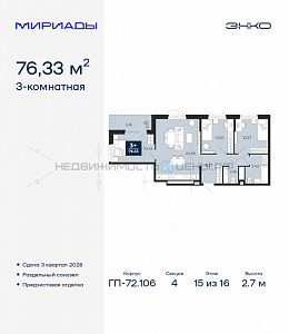 3 комн., 76.33м2, 15/16, Мириады, Тюмень