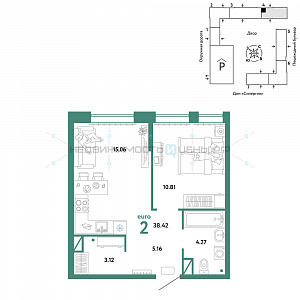 2 комн., 38.42м2, 12/16, Юнион, Тюмень