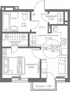1 комн., 31.47м2, 13/17, Меридиан Юг, Тюмень