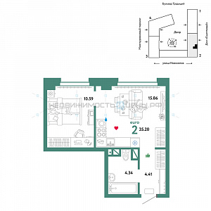 2 комн., 35.2м2, 8/16, Домашний, Тюмень