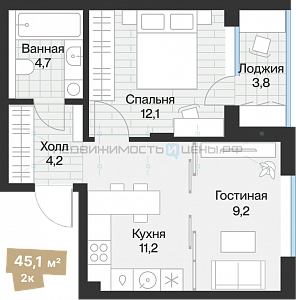 1 комн., 43.19м2, 2/4, Эклипт, Тюмень
