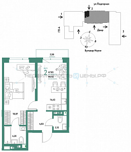 2 комн., 47.03м2, 7/16, Авторский, Тюмень