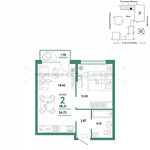 2 комн., 38.51м2, 4/25, Сердце Сибири, Тюмень