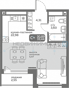 1 комн., 30.89м2, 20/20, Меридиан Слобода, Тюмень
