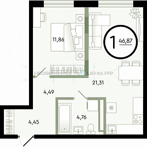 1 комн., 46.87м2, 1/4, Зеленые Аллеи, Тюмень