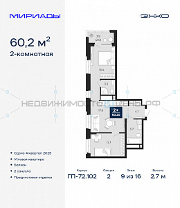 2 комн., 60.2м2, 9/16, Мириады, Тюмень