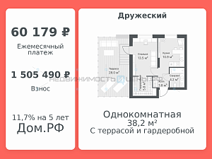 1 комн., 38.2м2, 12/14, Дружеский, Тюмень