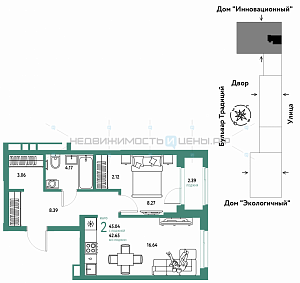2 комн., 45.04м2, 9/15, Домашний, Тюмень