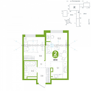 1 комн., 37.4м2, 11/24, Чистые пруды, Тюмень