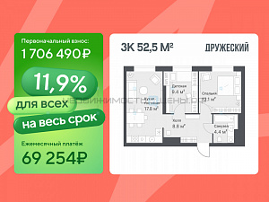 3 комн., 52.5м2, 12/14, Дружеский, Тюмень
