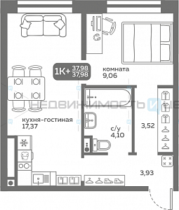 1 комн., 37.98м2, 1/20, Меридиан Слобода, Тюмень