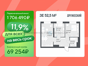 2 комн., 52.5м2, 12/14, Дружеский, Тюмень