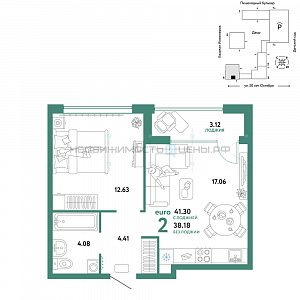 2 комн., 41.3м2, 19/25, Сердце Сибири, Тюмень