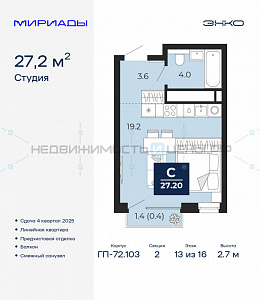 1 комн., 27.2м2, 13/16, Мириады, Тюмень