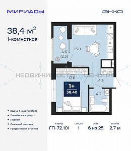 1 комн., 38.4м2, 6/25, Мириады, Тюмень