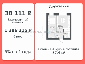 1 комн., 37.4м2, 2/14, Дружеский, Тюмень