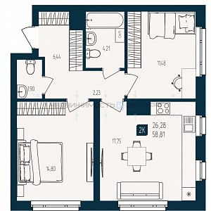 2 комн., 58.81м2, 2/25, Квартал Мятный, Тюмень