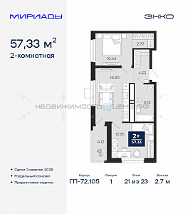 2 комн., 57.33м2, 21/23, Мириады, Тюмень