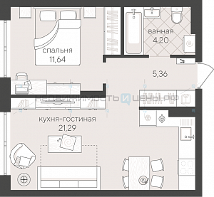 1 комн., 42.49м2, 4/4, Скандиа. Квартал у озера, Тюмень