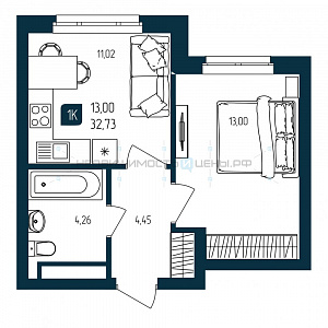 1 комн., 32.73м2, 3/10, Квартал Мятный, Тюмень